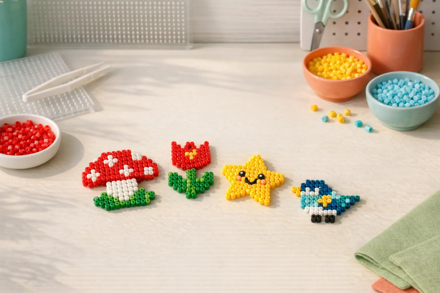 Finished fuse bead craft examples on a table