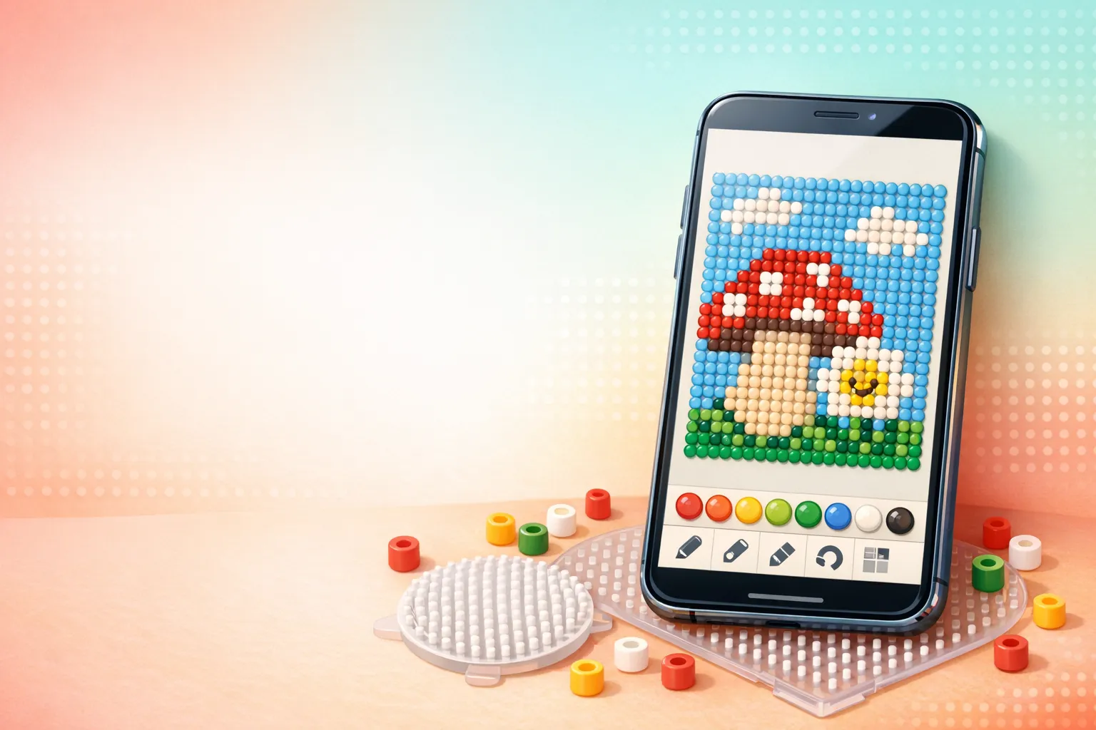 PixCraft phone app preview showing a bead mushroom pattern